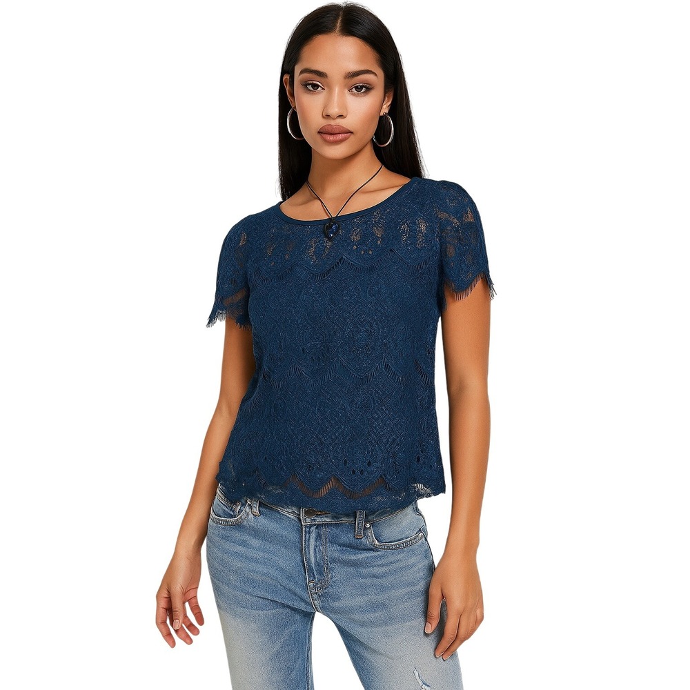 Y2K Teal Lace Overlay Short Sleeve Top Boho Chic Evening Party Top Women's